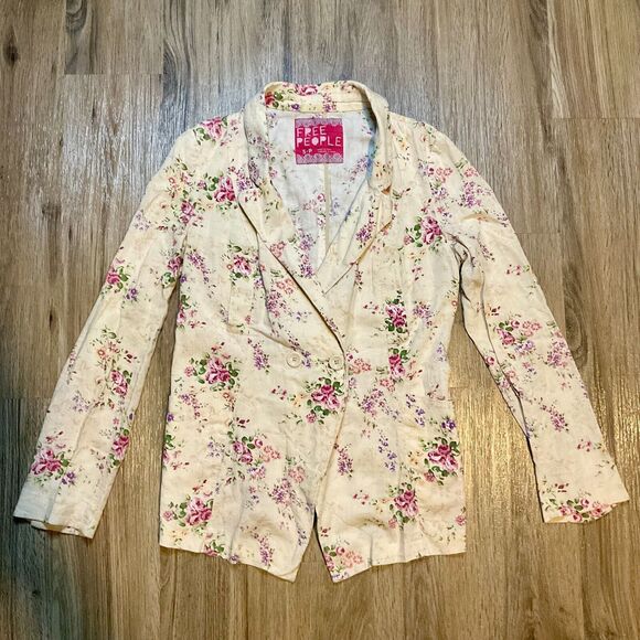 Free People Blazer Floral Linen‎ Blend Womens Size Small Double Breasted - Picture 1 of 11